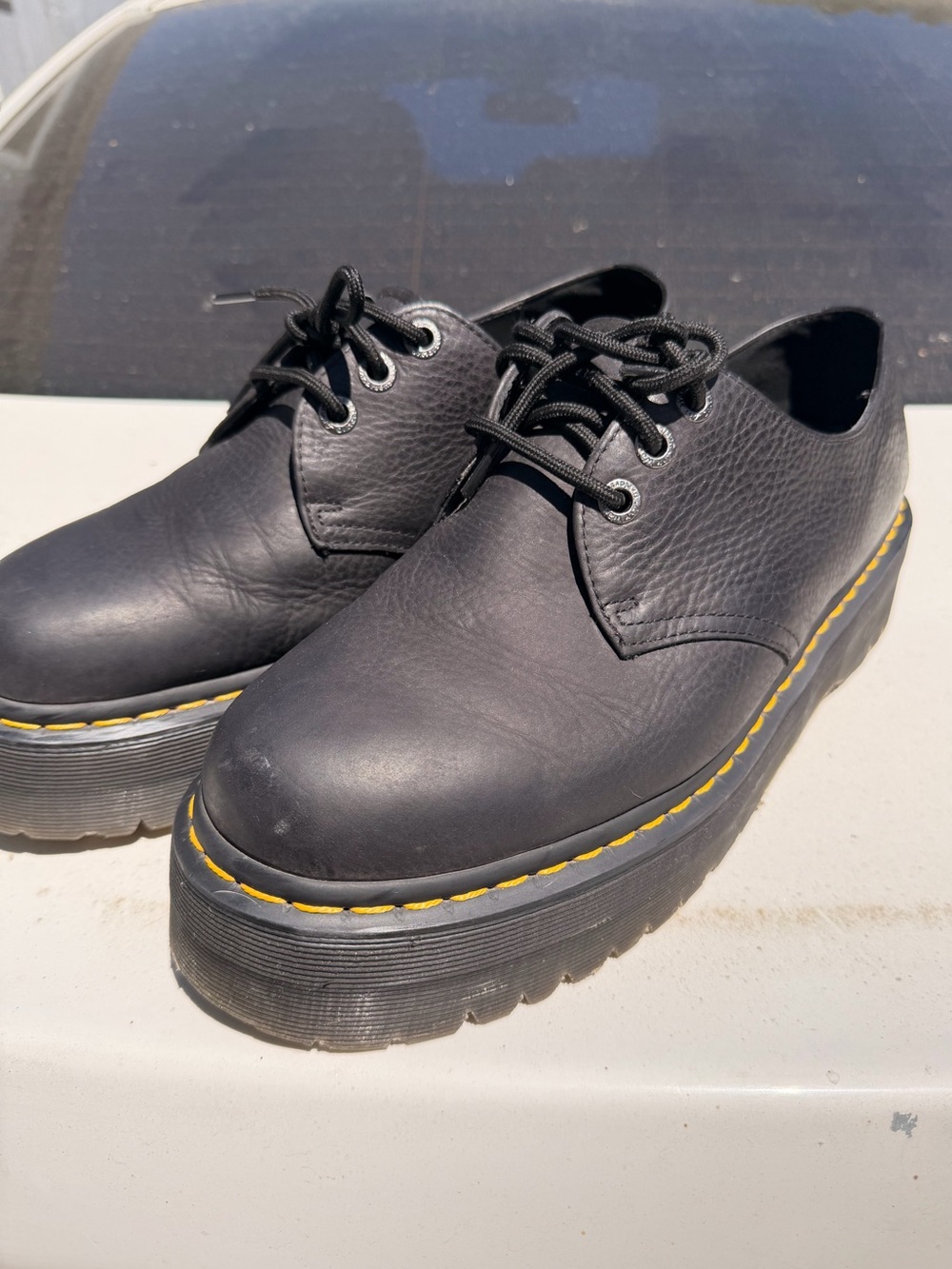 Dr. Martens Black Platform Oxfords with Yellow Stitching